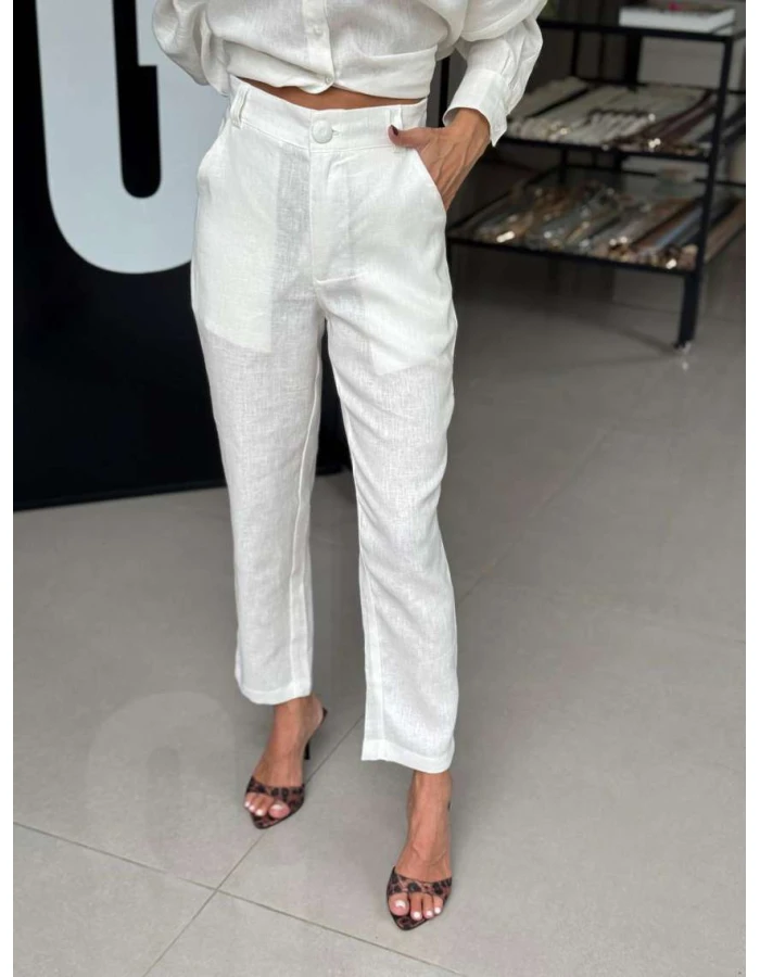 Calça Feminina Madonna Alfaiataria 100% Linho - Branco