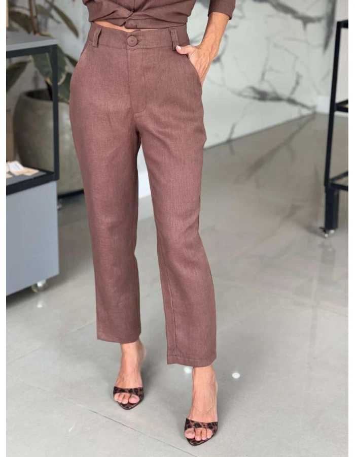 Calça Feminina Madonna Alfaiataria 100% Linho - Cacau