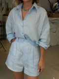 Camisa Feminina Oversized Linho 100% - Azul Camisa Feminina Oversized Linho 100% - Azul