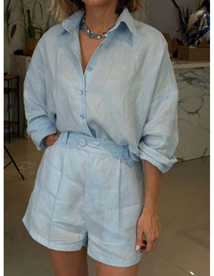 Camisa Feminina Oversized Linho 100% - Azul
