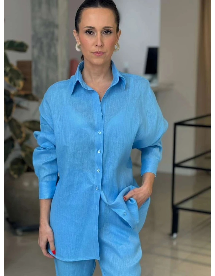 Camisa Feminina Oversized Linho 100% - Azul anil
