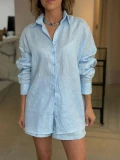 Camisa Feminina Oversized Linho 100% - Azul Camisa Feminina Oversized Linho 100% - Azul
