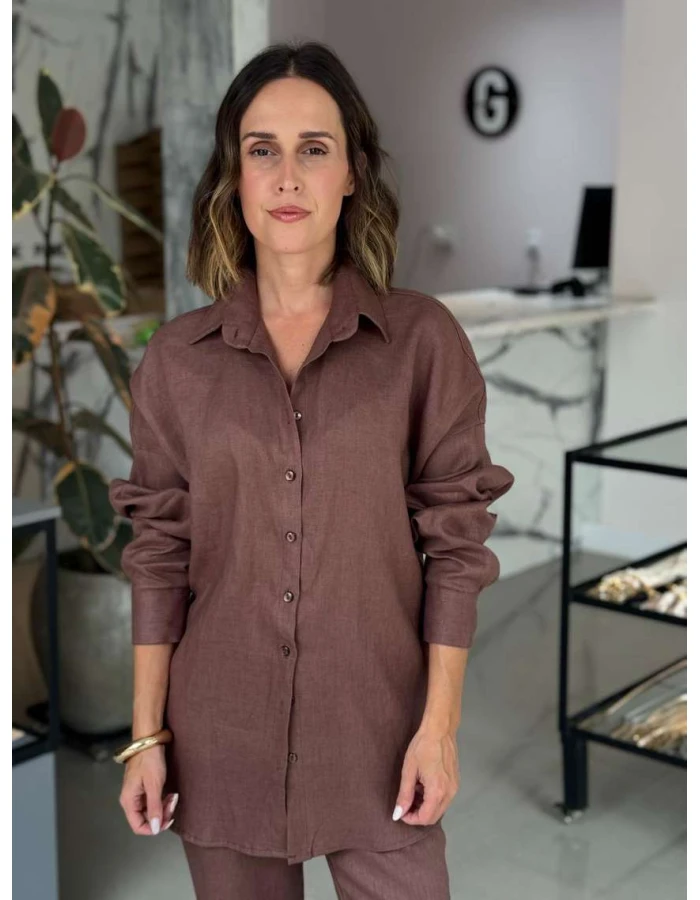 Camisa Feminina Oversized Linho 100% - Cacau