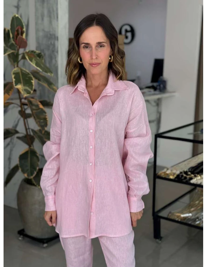 Camisa Feminina Oversized Linho 100% - Rosa barbie