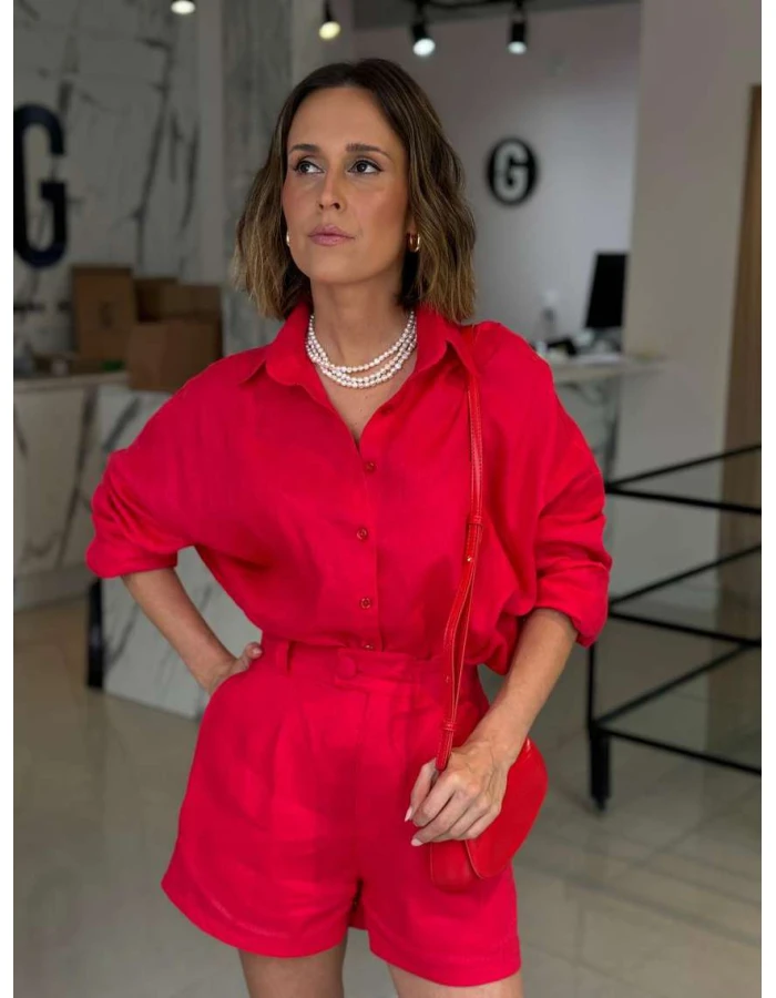 Camisa Feminina Oversized Linho 100% - Vermelho