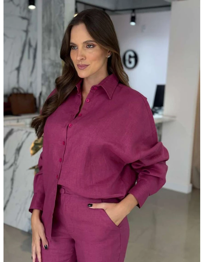 Camisa Feminina Oversized Linho 100% - Vinho