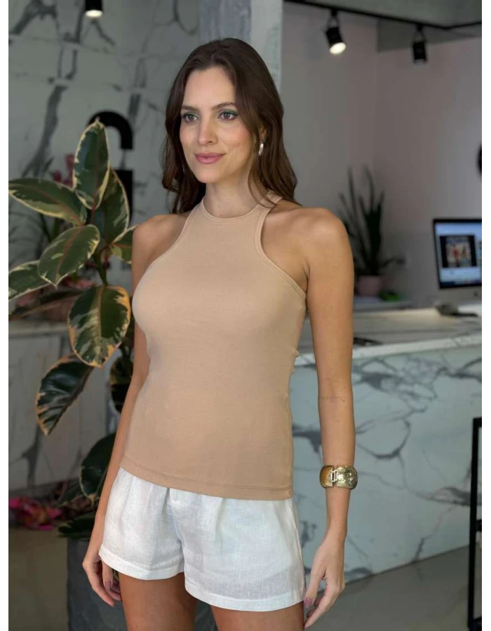 Regata Feminina Marcela Canelada Recorte - Amendoa