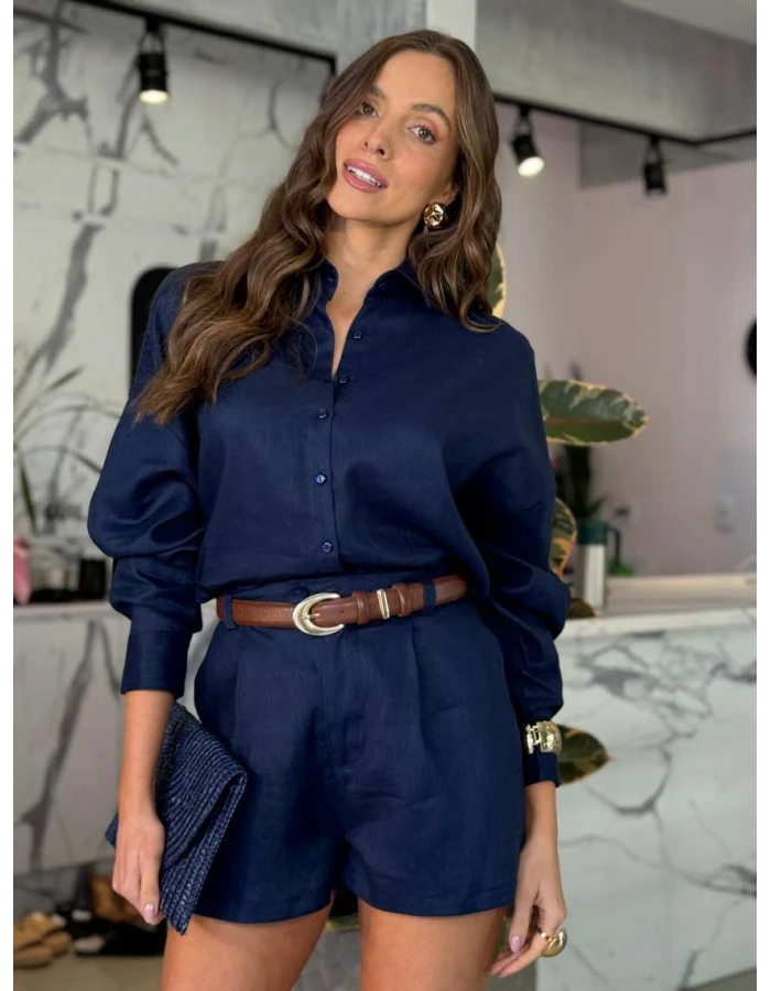 Shorts Feminino Livia Alfaiataria 100% Linho - Azul marinho