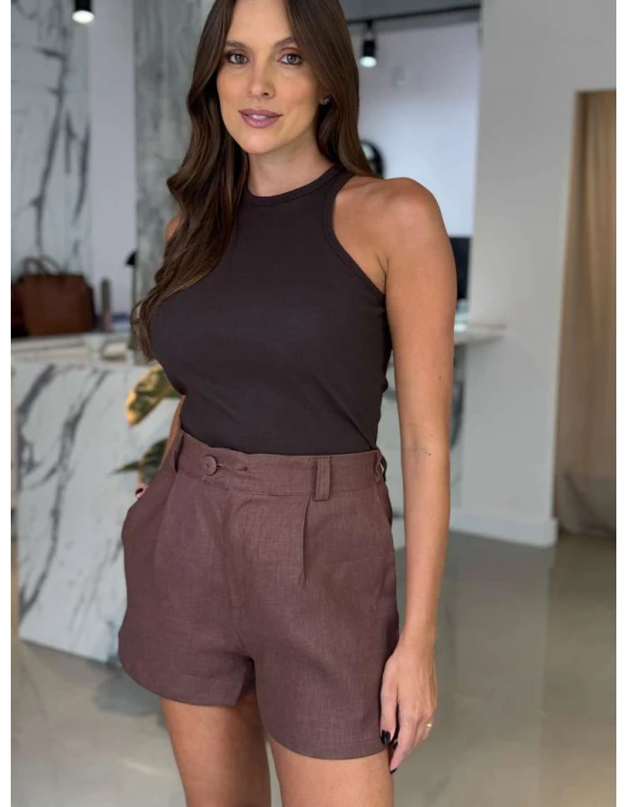 Shorts Feminino Livia Alfaiataria 100% Linho - Cacau