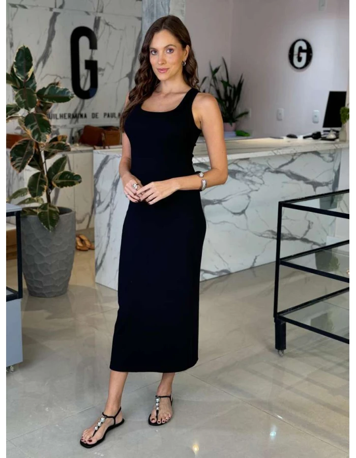 Vestido Feminino Midi Canelado Chloe - Preto